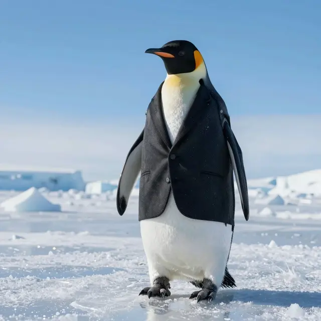 A photorealistic photo of a penguin dressed in a stylish, tailored outfit standing on icy Antarctic terrain under a clear blue sky, bright natural light illuminating the scene, the penguin posing confidently with details of the warm, fitted clothing visible, cold and pristine environment surrounding it