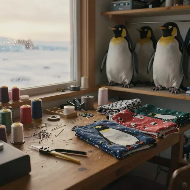 A cozy tailor workshop in Antarctica, warmly lit with soft yellow lights, showing detailed craftsmanship tools and textiles designed for penguin clothing, wooden workbench in the foreground, smooth snow visible through frosted window in the background, emphasizing creative and caring atmosphere during the late afternoon.