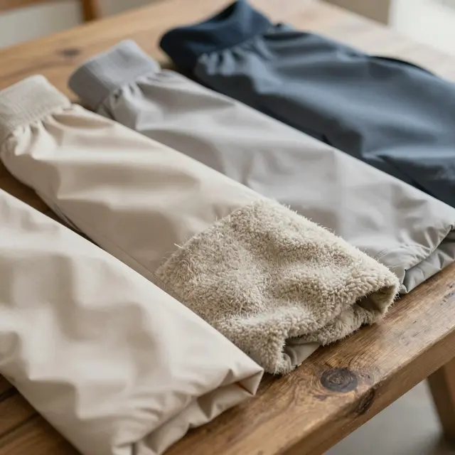 Close-up photo of various high-quality fabrics used for penguin clothing, showcasing textures like smooth waterproof nylon, soft insulating fleece, and breathable wool, arranged on a wooden table in natural light, emphasizing warm and cool neutral colors with a cozy and professional atmosphere