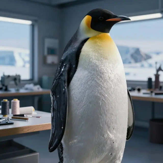 A detailed close-up of a custom-tailored penguin outfit displayed on a mannequin in an Antarctic workshop, surrounded by fabrics and sewing tools, natural light highlighting textures and colors, cool blue and white tones dominating the scene in a professional yet creative atmosphere.
