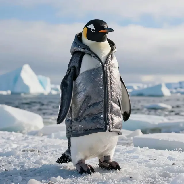 A photorealistic image of a stylish penguin wearing a custom tailored warm outfit standing on icy Antarctic terrain under soft natural light, showcasing the blend of fashion and functionality in cold extreme environment, with a cloudy blue sky in the background.