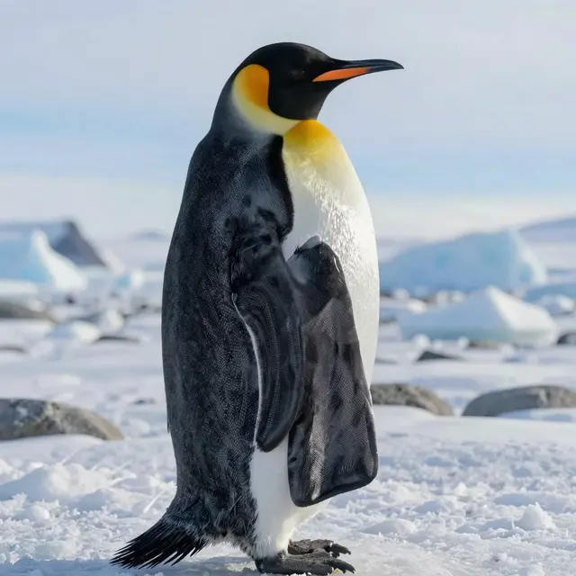 Elegant penguin wearing a custom tailored stylish coat standing on icy Antarctic terrain, with a soft blue sky and snow-covered landscape in the background, daylight with clear and crisp lighting highlighting the texture of the warm fabric and the penguin's confident posture.
