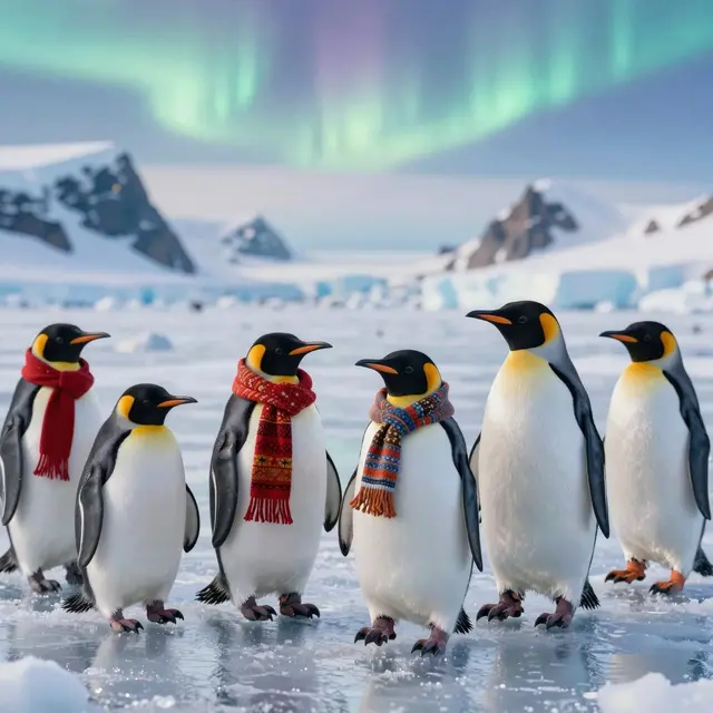 Photorealistic image of several penguins wearing different custom-designed outfits including coats, vests and scarves, posed naturally on ice with a soft focus Antarctic background, vibrant colors and a joyful atmosphere highlighting creativity and individuality.