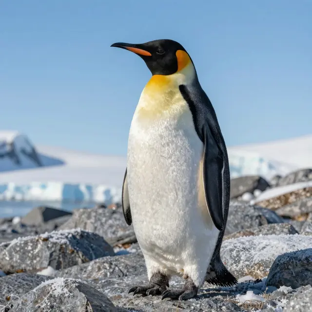 A penguin wearing a custom tailored stylish coat designed to protect it from Antarctic cold, standing on icy terrain under clear blue sky, bright natural light highlighting the texture of the warm, durable fabric and the penguin's confident posture.
