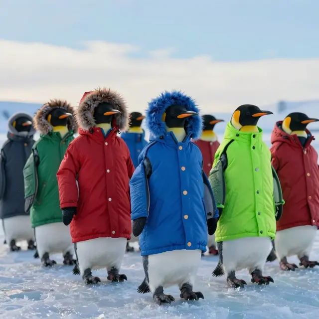 A group of penguins wearing colorful, custom-tailored winter clothes made from durable and warm fabrics, standing on icy Antarctic landscape with soft daylight and blue sky, capturing the unique blend of fashion and protection in a harsh environment