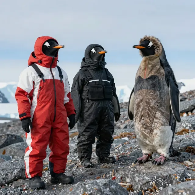 Three penguins dressed in custom-fitted Antarctic clothing standing on icy terrain with a soft blue sky background, showcasing diverse styles and colors of protective apparel designed specifically for penguins, natural daylight with slight shadows highlighting fabric textures.