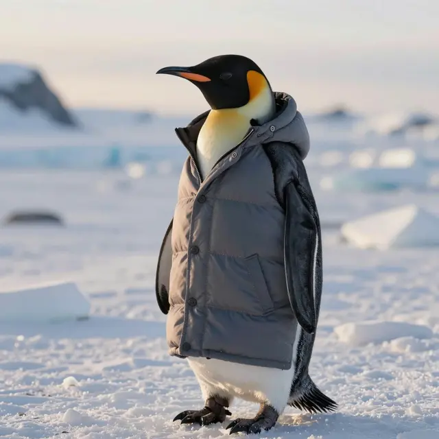 Stylowy pingwin ubrany w ciepły, szyty na miarę strój stojący na lodowej powierzchni Antarktyki, z rozległym, śnieżnym tłem i miękkim światłem porannego słońca, pokazujący doskonałe dopasowanie i wyjątkowy charakter ubrania.